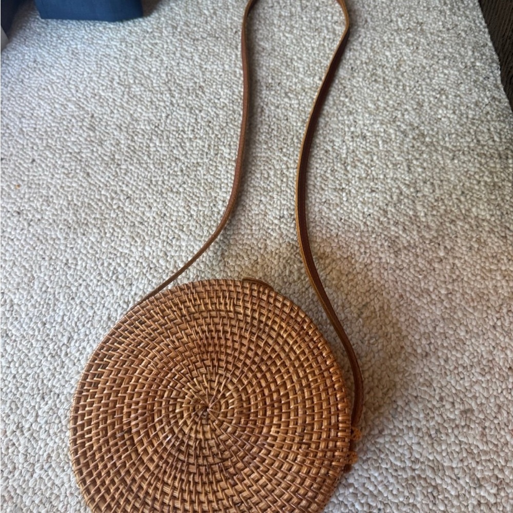 Round Woven Tan Crossbody Bag